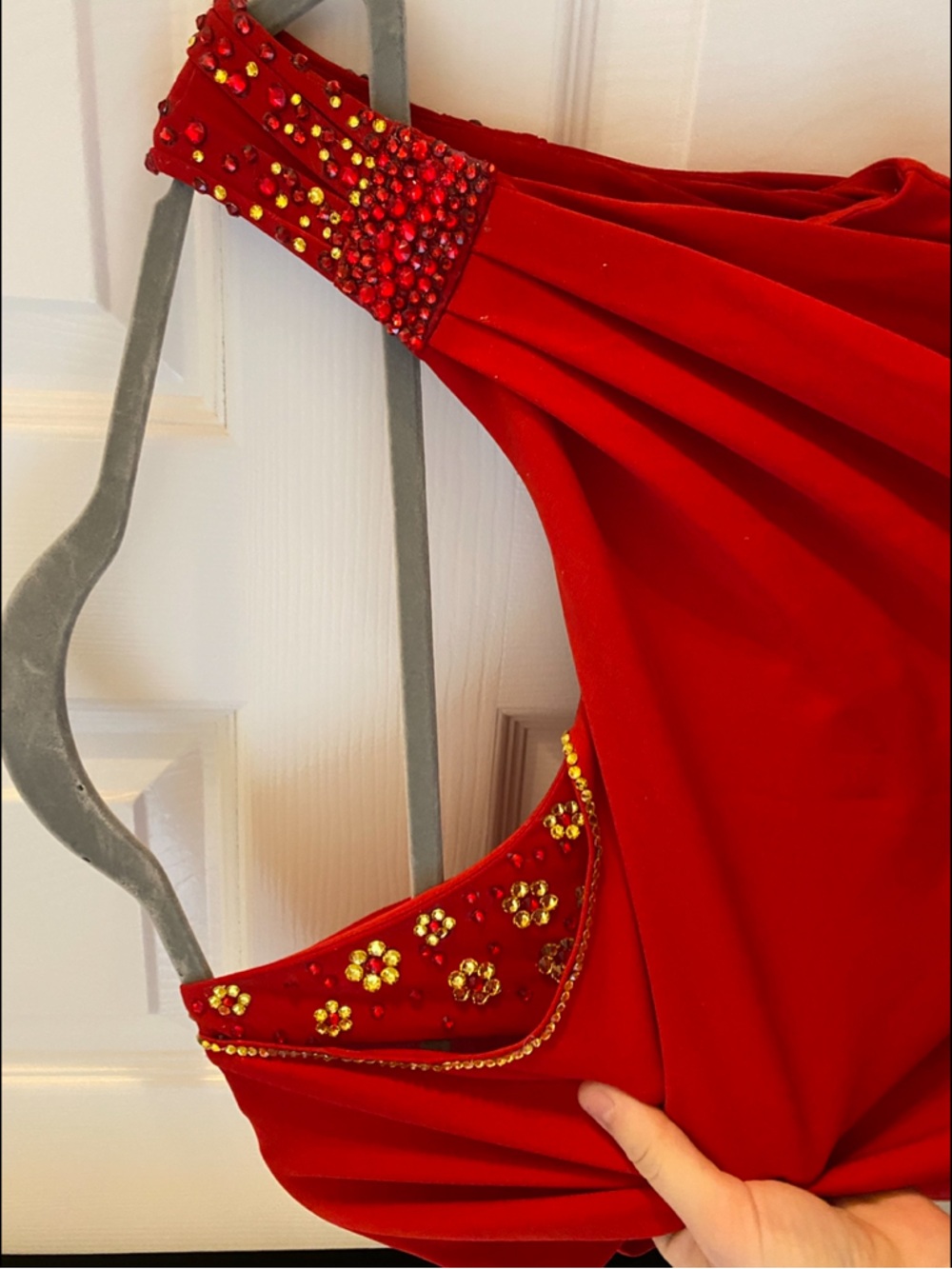 Swarovski Crystal Red Cape Dress with Pleated Shoulder - Picture 5 of 8